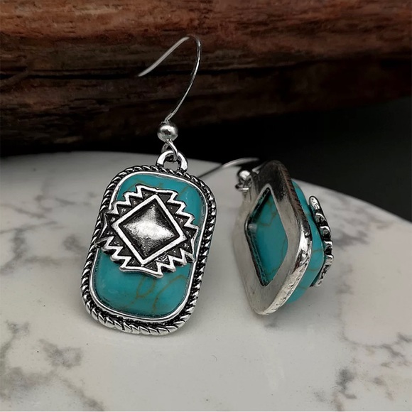Vintage Bohemian Southwest Aztec Turquoise Geometric Silver Earrings - Picture 2 of 4